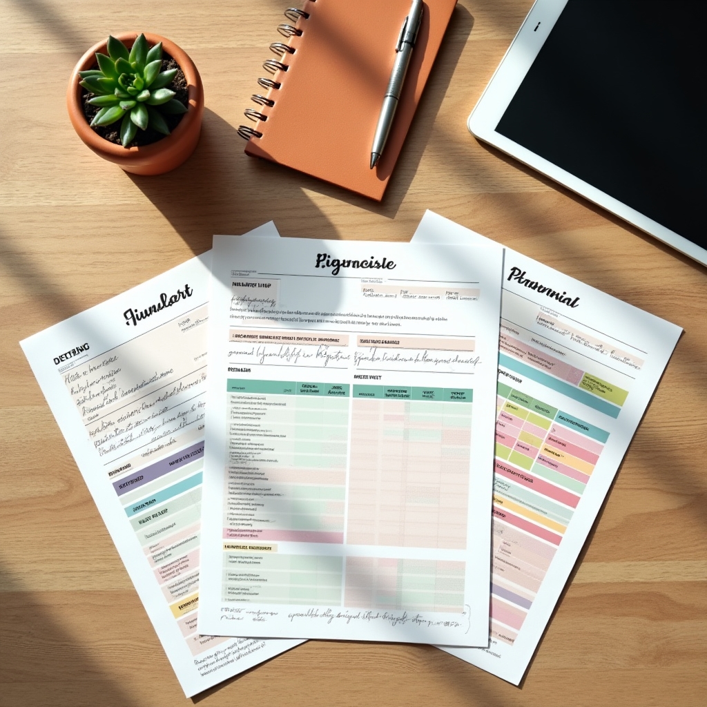 Organized collection of financial planning worksheets, budget templates and guides spread on a clean desk surface
