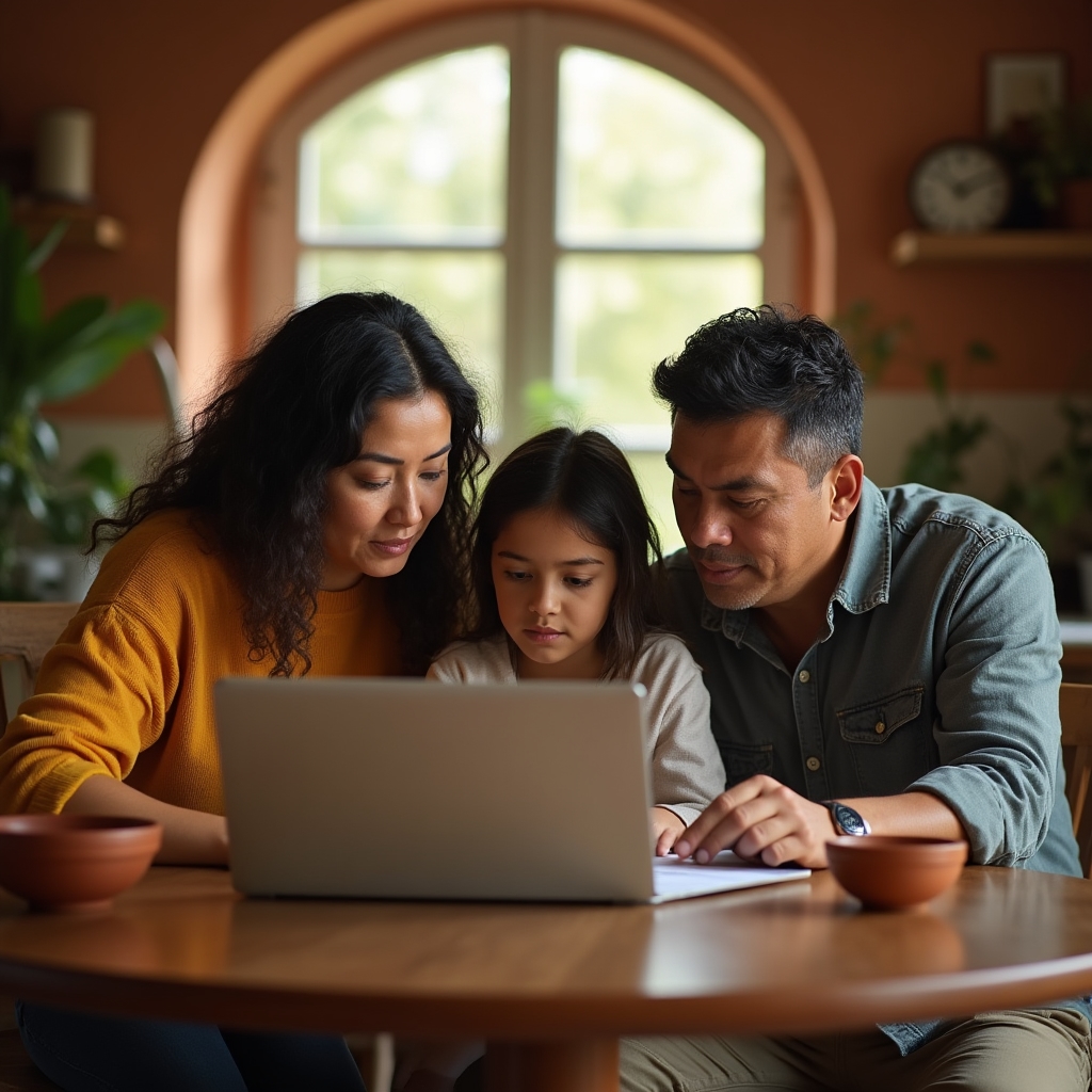 Family seated together at a kitchen table reviewing a budget spreadsheet on a laptop