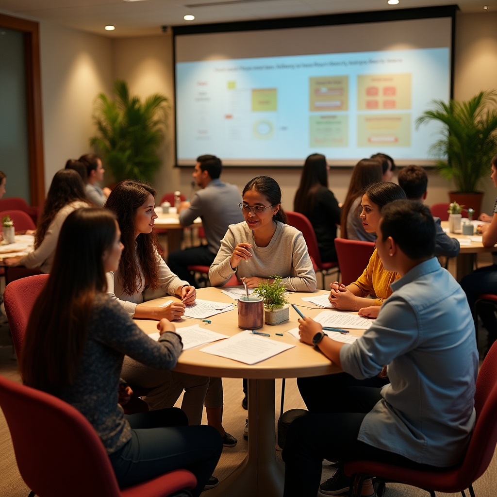 Family finance workshop with couples and families engaged in group exercises around financial planning tables