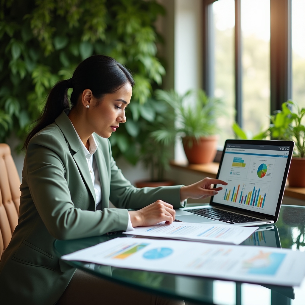 Person reviewing financial charts and planning documents at a modern desk