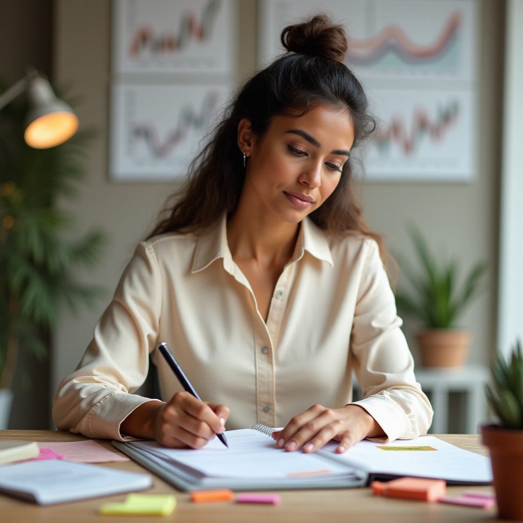 Professional woman writing financial goals in a planner with colorful charts visible in background
