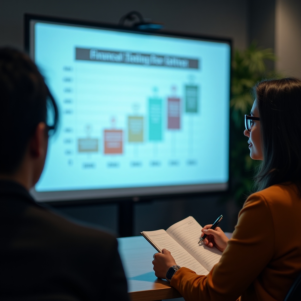 Webinar presenter discussing financial goal-setting frameworks with visual timeline charts on presentation screen