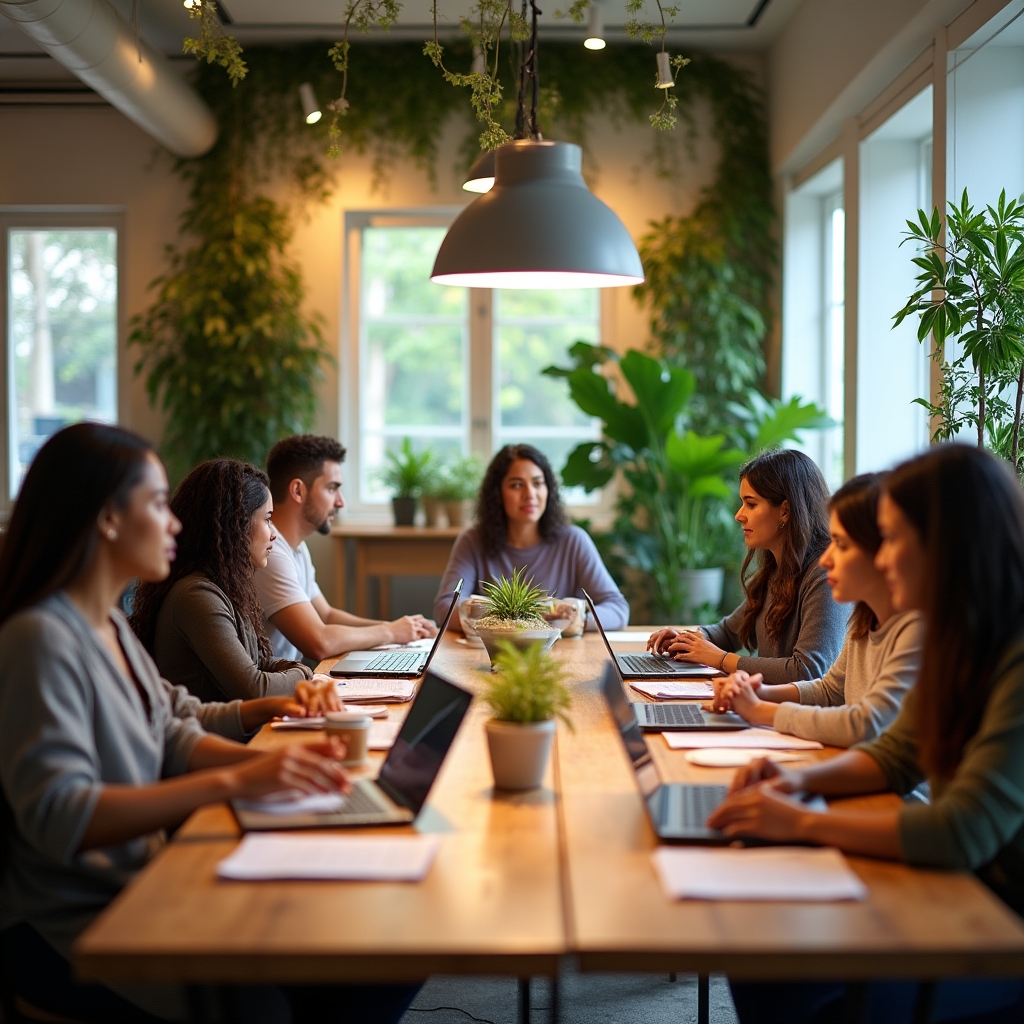 Small group workshop session with participants working on budget exercises at tables with laptops and worksheets