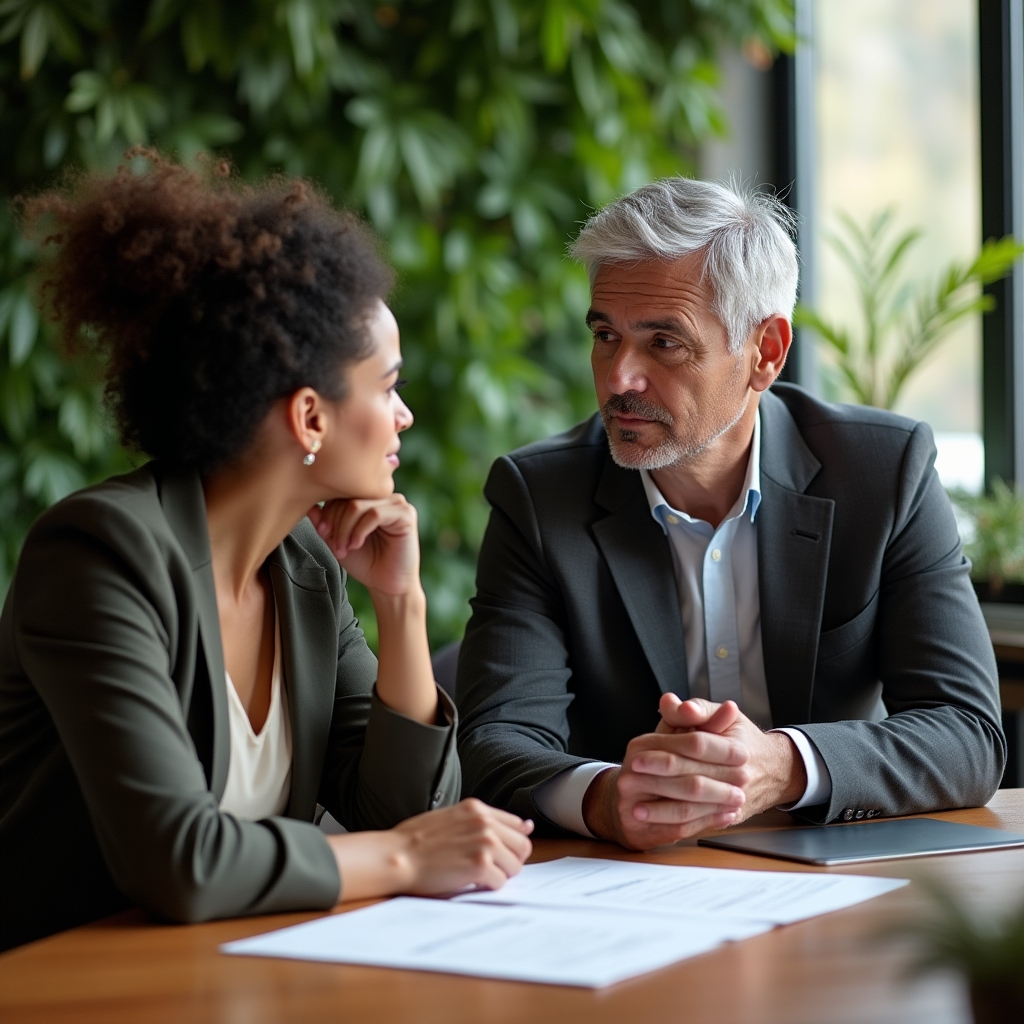 Financial educator in a one-on-one session reviewing documents with a client at a modern desk