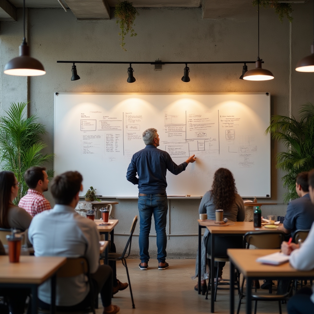 Instructor leading a workshop on smart saving strategies with participants taking notes